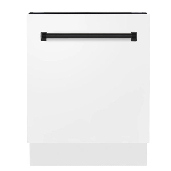 ZLINE Autograph Edition 24" 3rd Rack Top Control Built-In Tall Tub Dishwasher in White Matte with Matte Black Handle, 51dBa (DWVZ-WM-24-MB)