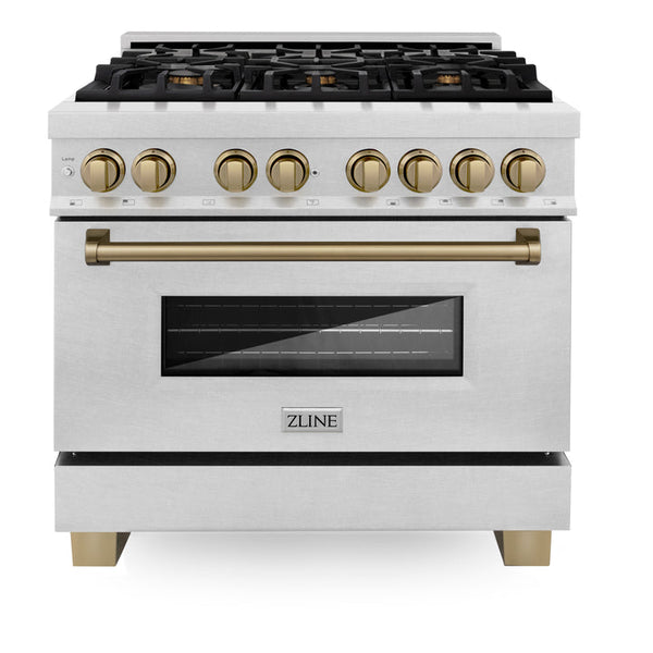 ZLINE Autograph Edition 36" 4.6 cu. ft. Dual Fuel Range with Gas Stove and Electric Oven in Fingerprint Resistant Stainless Steel with Champagne Bronze Accents (RASZ-SN-36-CB)