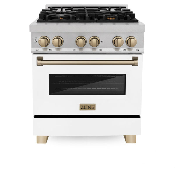 ZLINE Autograph Edition 30" 4.0 cu. ft. Dual Fuel Range with Gas Stove and Electric Oven in Fingerprint Resistant Stainless Steel with White Matte Door and Champagne Bronze Accents (RASZ-WM-30-CB)