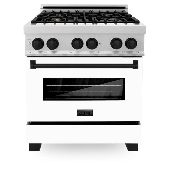 ZLINE Autograph Edition 30" 4.0 cu. ft. Dual Fuel Range with Gas Stove and Electric Oven in Fingerprint Resistant Stainless Steel with White Matte Door and Matte Black Accents (RASZ-WM-30-MB)
