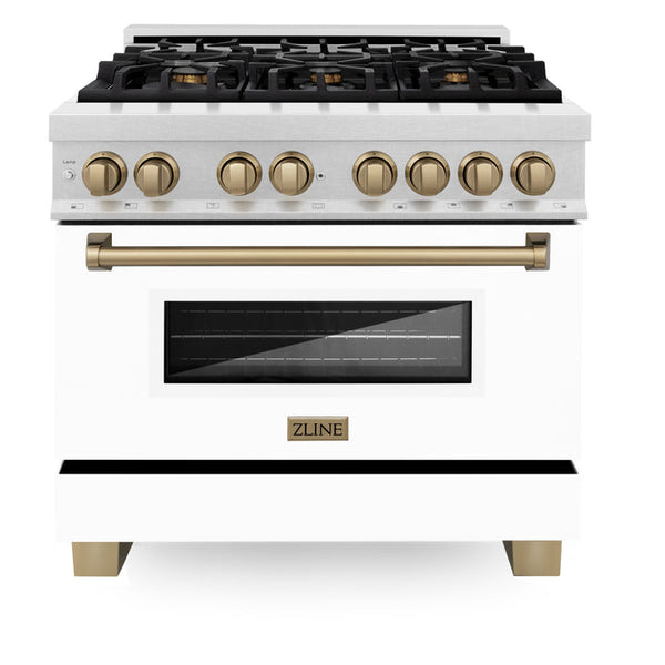 ZLINE Autograph Edition 36" 4.6 cu. ft. Dual Fuel Range with Gas Stove and Electric Oven in Fingerprint Resistant Stainless Steel with White Matte Door and Champagne Bronze Accents (RASZ-WM-36-CB)