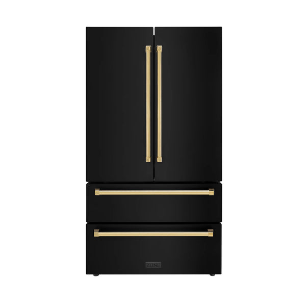 ZLINE 36" Autograph Edition 22.5 cu. ft 4-Door French Door Refrigerator with Ice Maker in Fingerprint Resistant Black Stainless Steel with Gold Accents (RFMZ-36-BS-G)