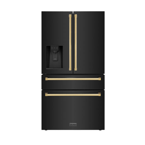 ZLINE 36" Autograph Edition 21.6 cu. ft 4-Door French Door Refrigerator with Water and Ice Dispenser in Fingerprint Resistant Black Stainless Steel with Gold Handles (RFMZ-W-36-BS-G)