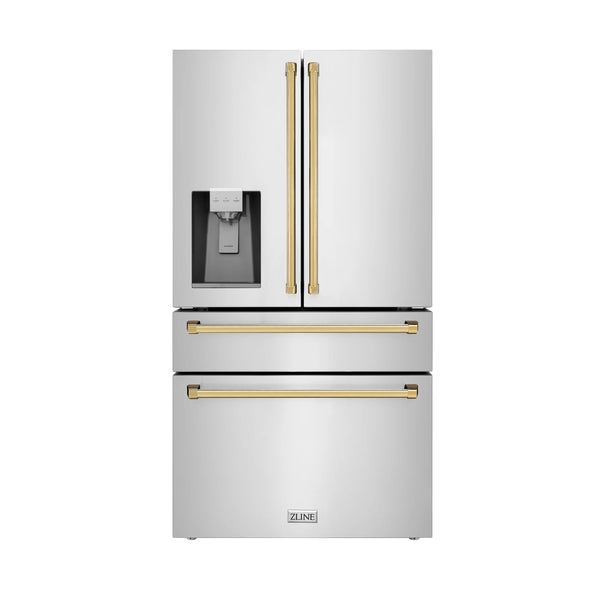 ZLINE 36" Autograph Edition 21.6 cu. ft 4-Door French Door Refrigerator with Water and Ice Dispenser in Fingerprint Resistant Stainless Steel with Gold Accents (RFMZ-W-36-G)