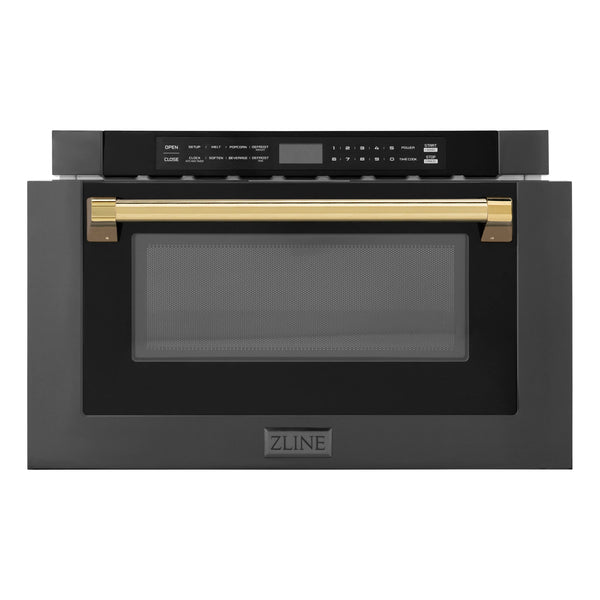 ZLINE Autograph Edition 24" 1.2 cu. ft. Built-in Microwave Drawer in Black Stainless Steel and Gold Accents