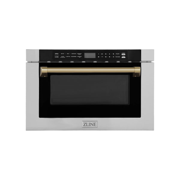 ZLINE Autograph Edition 24" 1.2 cu. ft. Built-in Microwave Drawer with a Traditional Handle in Stainless Steel and Champagne Bronze Accents