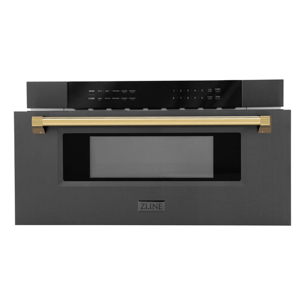 ZLINE Autograph Edition 30" 1.2 cu. ft. Built-in Microwave Drawer in Black Stainless Steel and Gold Accents