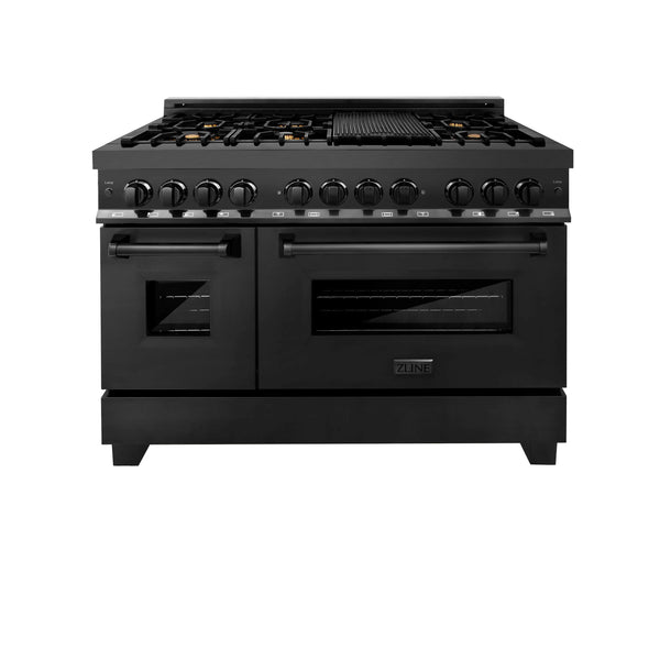 ZLINE 48" 6.0 cu. ft. Dual Fuel Range with Gas Stove and Electric Oven in Black Stainless Steel with Brass Burners (RAB-BR-48)