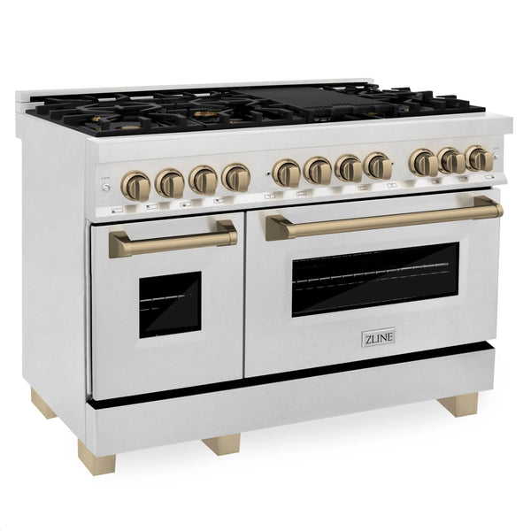 ZLINE Autograph Edition 48" 6.0 cu. ft. Dual Fuel Range with Gas Stove and Electric Oven in Fingerprint Resistant Stainless Steel with Champagne Bronze Accents (RASZ-SN-48-CB)