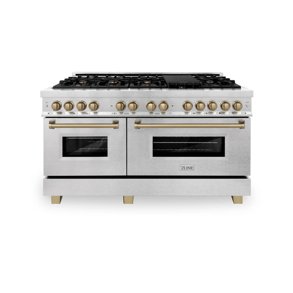 ZLINE Autograph Edition 60" 7.4 cu. ft. Dual Fuel Range with Gas Stove and Electric Oven in DuraSnow Stainless Steel with Champagne Bronze Accents (RASZ-60-CB)