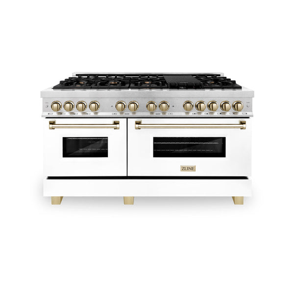 ZLINE Autograph Edition 60" 7.4 cu. ft. Dual Fuel Range with Gas Stove and Electric Oven in Fingerprint Resistant Stainless Steel with White Matte Door and Gold Accents (RASZ-WM-60-G)