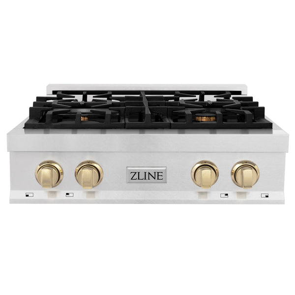 ZLINE Autograph Edition 30" Porcelain Rangetop with 4 Gas Burners in Fingerprint Resistant Stainless Steel and Gold Accents (RTSZ-30-G)