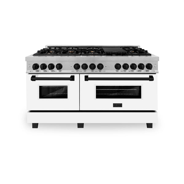 ZLINE Autograph Edition 60" 7.4 cu. ft. Dual Fuel Range with Gas Stove and Electric Oven in Fingerprint Resistant Stainless Steel with White Matte Door and Matte Black Accents (RASZ-WM-60-MB)