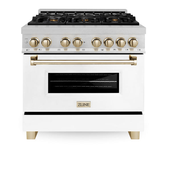 ZLINE Autograph Edition 36" 4.6 cu. ft. Dual Fuel Range with Gas Stove and Electric Oven in Fingerprint Resistant Stainless Steel with White Matte Door and Gold Accents (RASZ-WM-36-G)