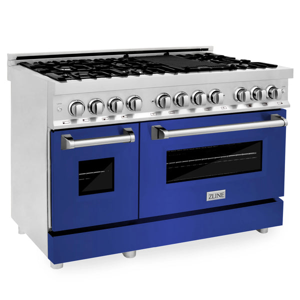 ZLINE 48" 6.0 cu. ft. Dual Fuel Range with Gas Stove and Electric Oven in Stainless Steel and Blue Matte Door (RA-BM-48)