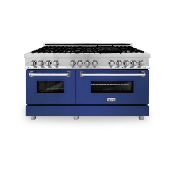 ZLINE 60" 7.4 cu. ft. Dual Fuel Range with Gas Stove and Electric Oven in Stainless Steel and Blue Matte Door (RA-BM-60)