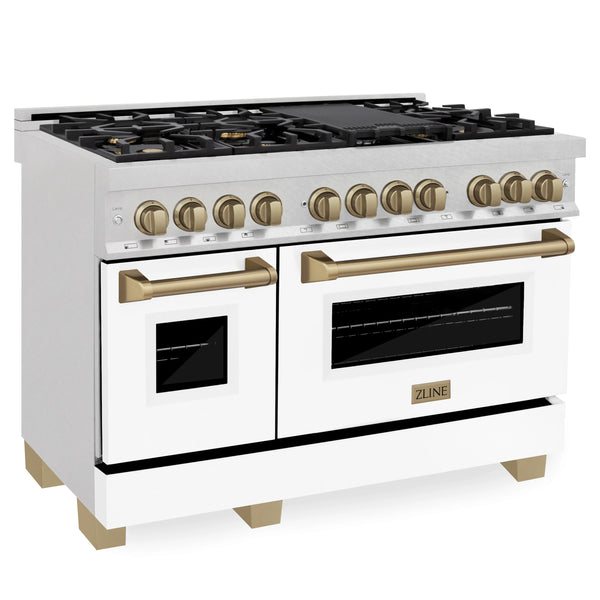 ZLINE Autograph Edition 48" 6.0 cu. ft. Dual Fuel Range with Gas Stove and Electric Oven in Fingerprint Resistant Stainless Steel with White Matte Door and Champagne Bronze Accents (RASZ-WM-48-CB)