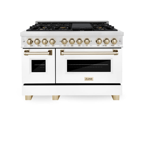 ZLINE Autograph Edition 48" 6.0 cu. ft. Dual Fuel Range with Gas Stove and Electric Oven in Fingerprint Resistant Stainless Steel with White Matte Door and Gold Accents (RASZ-WM-48-G)