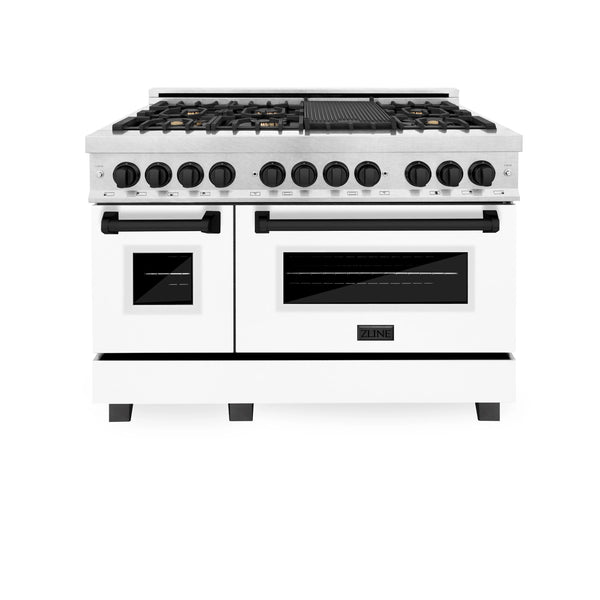 ZLINE Autograph Edition 48" 6.0 cu. ft. Dual Fuel Range with Gas Stove and Electric Oven in Fingerprint Resistant Stainless Steel with White Matte Door and Matte Black Accents (RASZ-WM-48-MB)