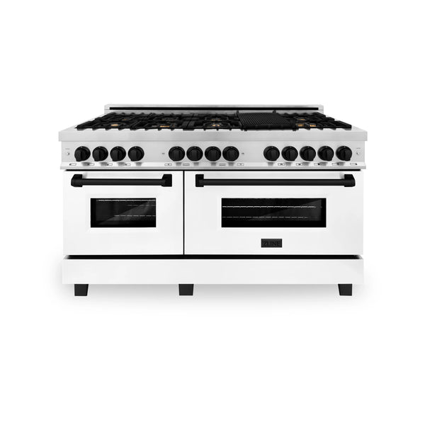 ZLINE Autograph Edition 60" 7.4 cu. ft. Dual Fuel Range with Gas Stove and Electric Oven in Stainless Steel with White Matte Door and Matte Black Accents (RAZ-WM-60-MB)