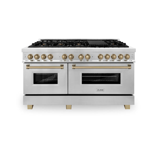 ZLINE Autograph Edition 60" 7.4 cu. ft. Dual Fuel Range with Gas Stove and Electric Oven in Stainless Steel with Champagne Bronze Accents (RAZ-60-CB)