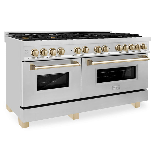 ZLINE Autograph Edition 60" 7.4 cu. ft. Dual Fuel Range with Gas Stove and Electric Oven in Stainless Steel with Gold Accents (RAZ-60-G)