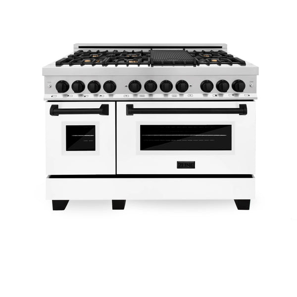 ZLINE Autograph Edition 48" 6.0 cu. ft. Dual Fuel Range with Gas Stove and Electric Oven in Stainless Steel with White Matte Door and Matte Black Accents (RAZ-WM-48-MB)