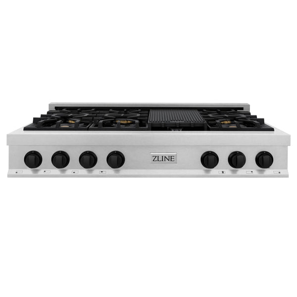 ZLINE Autograph Edition 48" Porcelain Rangetop with 7 Gas Burners in Fingerprint Resistant Stainless Steel and Matte Black Accents (RTSZ-48-MB)