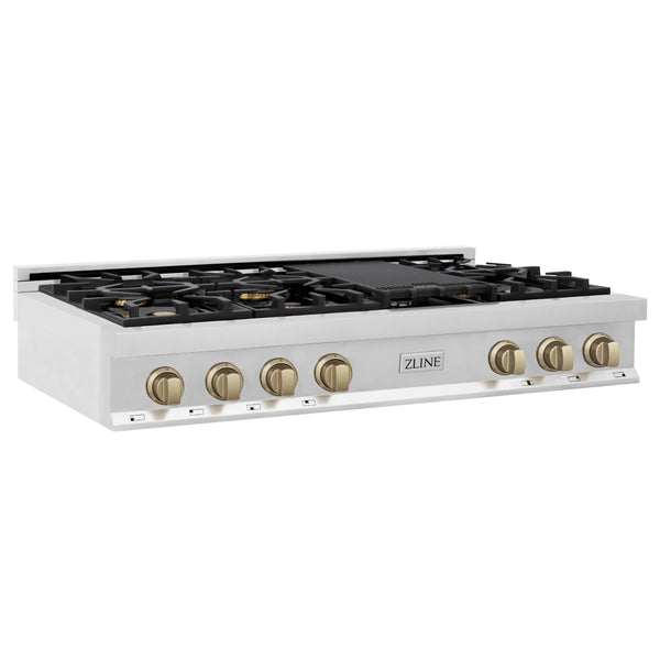 ZLINE Autograph Edition 48" Porcelain Rangetop with 7 Gas Burners in Stainless Steel and Champagne Bronze Accents (RTZ-48-CB)