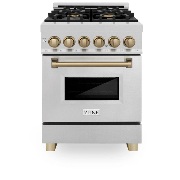 ZLINE Autograph Edition 24" 2.8 cu. ft. Dual Fuel Range with Gas Stove and Electric Oven in Fingerprint Resistant Stainless Steel with Champagne Bronze Accents (RASZ-SN-24-CB)