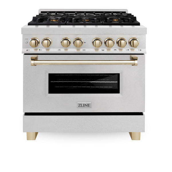 ZLINE Autograph Edition 36" 4.6 cu. ft. Dual Fuel Range with Gas Stove and Electric Oven in Fingerprint Resistant Stainless Steel with Gold Accents (RASZ-SN-36-G)