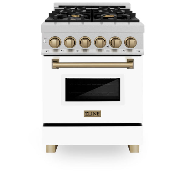ZLINE Autograph Edition 24" 2.8 cu. ft. Dual Fuel Range with Gas Stove and Electric Oven in Fingerprint Resistant Stainless Steel with White Matte Door and Champagne Bronze Accents (RASZ-WM-24-CB)