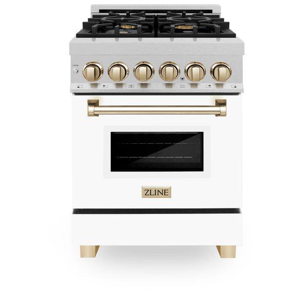 ZLINE Autograph Edition 24" 2.8 cu. ft. Dual Fuel Range with Gas Stove and Electric Oven in Fingerprint Resistant Stainless Steel with White Matte Door and Gold Accents (RASZ-WM-24-G)