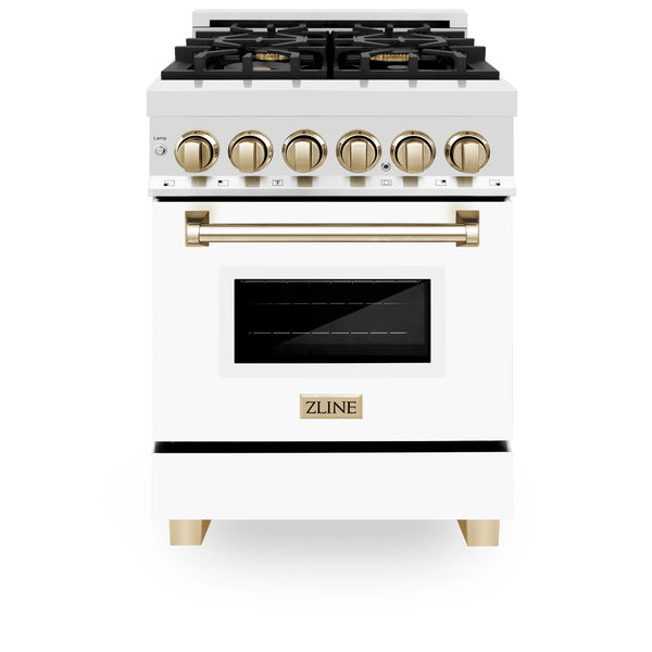 ZLINE Autograph Edition 24" 2.8 cu. ft. Dual Fuel Range with Gas Stove and Electric Oven in Stainless Steel with White Matte Door and Gold Accents (RAZ-WM-24-G)