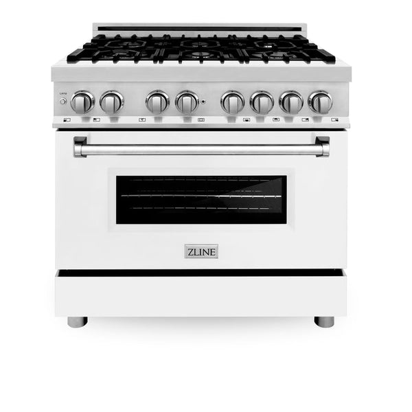 ZLINE 36" 4.6 cu. ft. Electric Oven and Gas Cooktop Dual Fuel Range with Griddle and White Matte Door in Fingerprint Resistant Stainless (RAS-WM-GR-36)