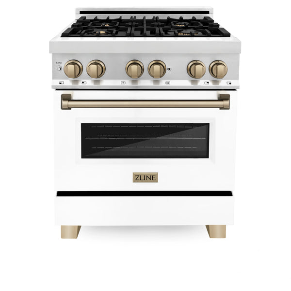 ZLINE Autograph Edition 30" 4.0 cu. ft. Dual Fuel Range with Gas Stove and Electric Oven in Stainless Steel with White Matte Door and Champagne Bronze Accents (RAZ-WM-30-CB)