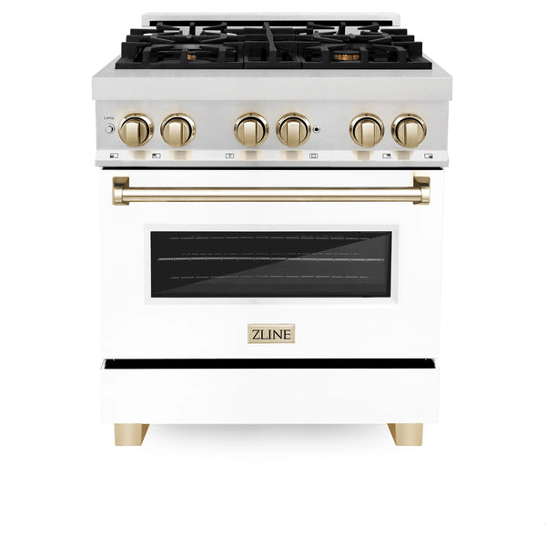 ZLINE Autograph Edition 30" 4.0 cu. ft. Dual Fuel Range with Gas Stove and Electric Oven in Fingerprint Resistant Stainless Steel with White Matte Door and Gold Accents (RASZ-WM-30-G)