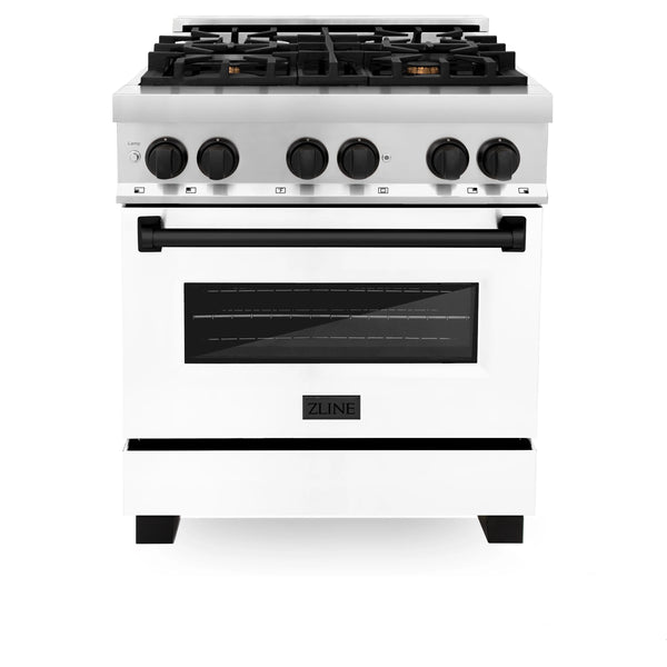 ZLINE Autograph Edition 30" 4.0 cu. ft. Dual Fuel Range with Gas Stove and Electric Oven in Stainless Steel with White Matte Door and Matte Black Accents (RAZ-WM-30-MB)