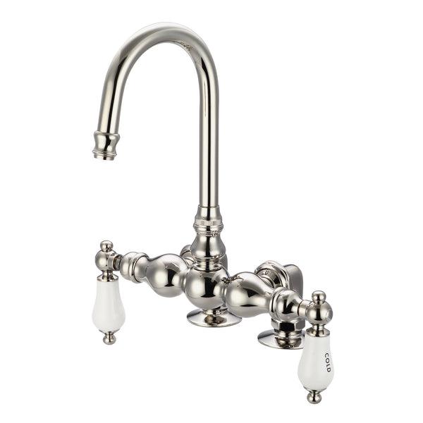 Vintage Classic 3.375 Inch Center Deck Mount Tub Faucet With Gooseneck Spout & 2 Inch Risers in Polished Nickel (PVD) Finish With Porcelain Lever Handles, Hot And Cold Labels Included