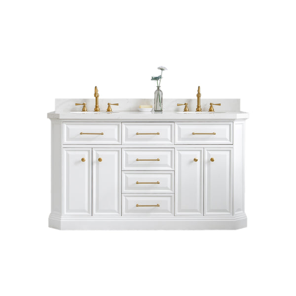 60" Palace Collection Quartz Carrara Pure White Bathroom Vanity Set With Hardware And F2-0012 Faucets in Satin Gold Finish And Only Mirrors in Chrome Finish