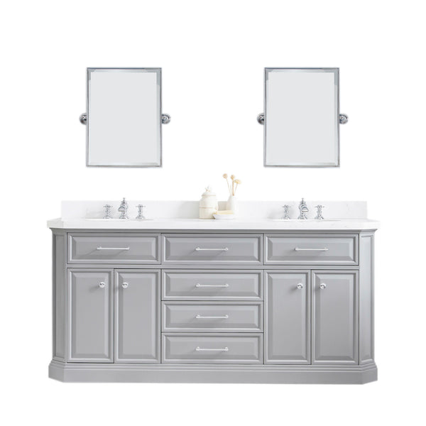 72" Palace Collection Quartz Carrara Cashmere Grey Bathroom Vanity Set With Hardware And F2-0013 Faucets, Mirror in Chrome Finish