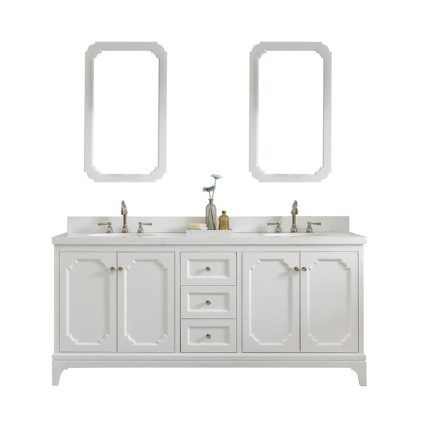 Queen 72-Inch Double Sink Quartz Carrara Vanity In Pure White With Matching Mirror(s) and F2-0012-05-TL Lavatory Faucet(s)