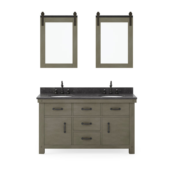 Aberdeen 60 In. Double Sink Blue Limestone Countertop Vanity in Grizzle Gray with Mirror