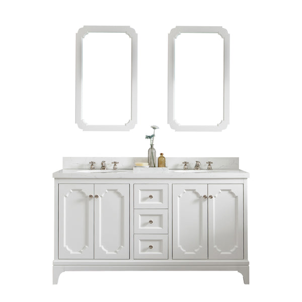 Queen 60-Inch Double Sink Quartz Carrara Vanity In Pure White With Matching Mirror(s) and F2-0009-05-BX Lavatory Faucet(s)