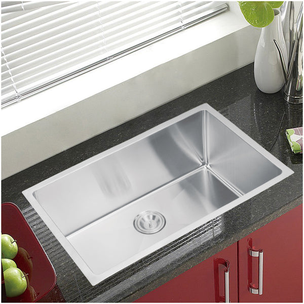 30 Inch X 18 Inch Single Bowl Stainless Steel Hand Made Undermount Kitchen Sink With Coved Corners, Drain and Strainer