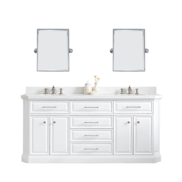 72" Palace Collection Quartz Carrara Pure White Bathroom Vanity Set With Hardware And F2-0013 Faucets, Mirror in Polished Nickel (PVD) Finish
