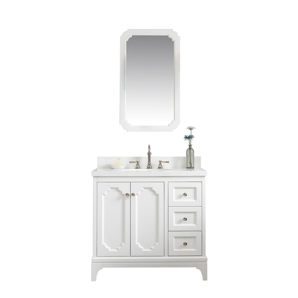 Queen 36-Inch Single Sink Quartz Carrara Vanity In Pure White With Matching Mirror(s) and F2-0012-05-TL Lavatory Faucet(s)