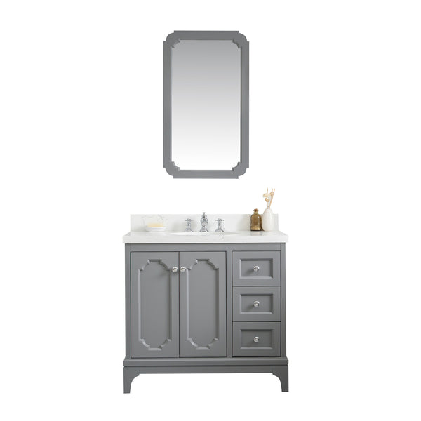 Queen 36-Inch Single Sink Quartz Carrara Vanity In Cashmere Grey With Matching Mirror(s) and F2-0013-01-FX Lavatory Faucet(s)