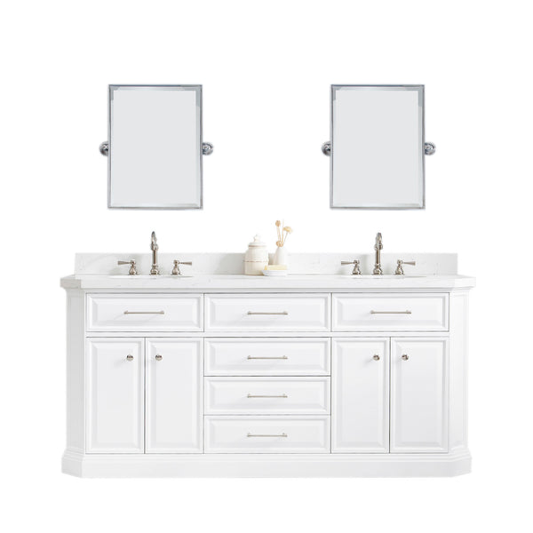 72" Palace Collection Quartz Carrara Pure White Bathroom Vanity Set With Hardware And F2-0012 Faucets, Mirror in Polished Nickel (PVD) Finish