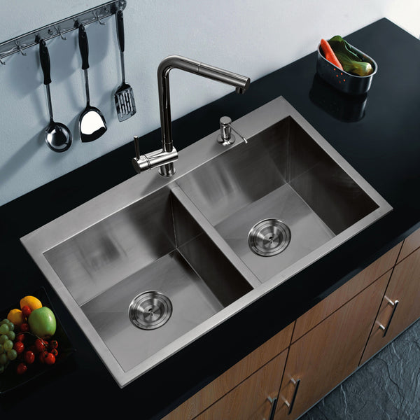 33 Inch X 22 Inch Zero Radius 50/50 Double Bowl Stainless Steel Hand Made Drop In Kitchen Sink With Drains and Strainers